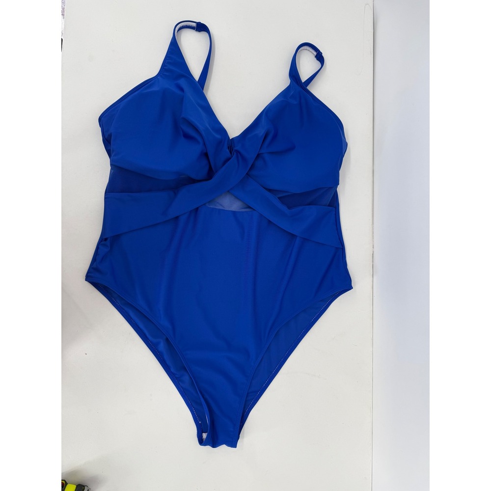 Royal Blue Twist Front Mesh Cutout One Piece Swimsuit Womens Adjustable Sz‎ 4XL